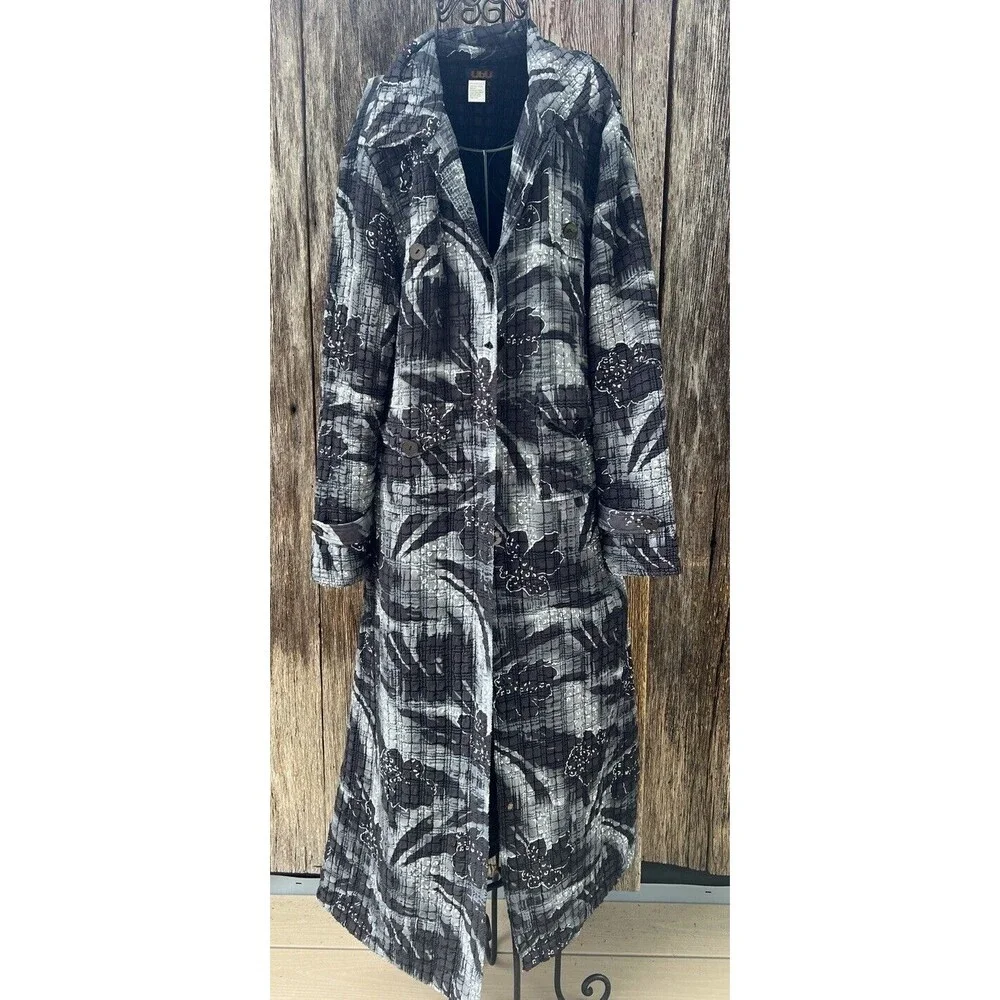 Ubu Women's XL Jacket-Crinkle‎ Fabric-black White Foral Button Duster Artsy